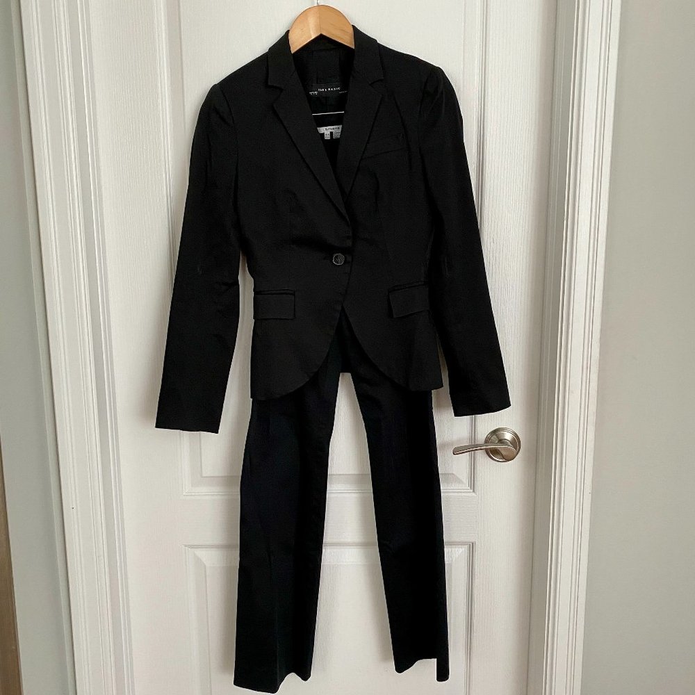 Zara Black Cotton Suit Set - Single Breasted Jacket and Trousers Size Small / 6